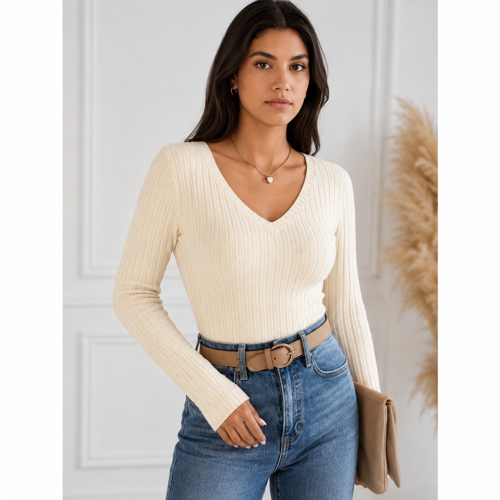 Commense Cream Ribbed Knit V-Neck Long Sleeve Ruched Top Size XS